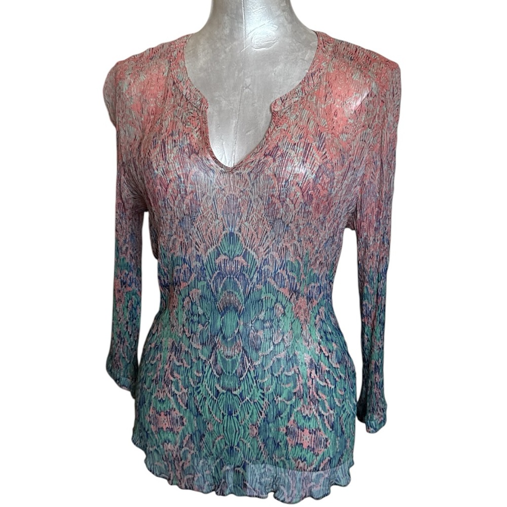 Lucky Brand Womenβs Pink&Blue shades Semi sheer 3/4 sleeves Blouse M